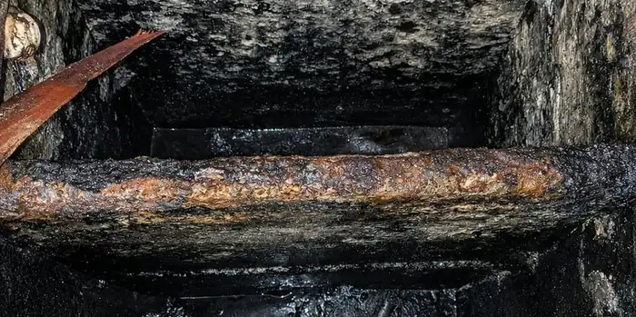 Interior de trampa de grasa mostrando tuberías y estructura interna